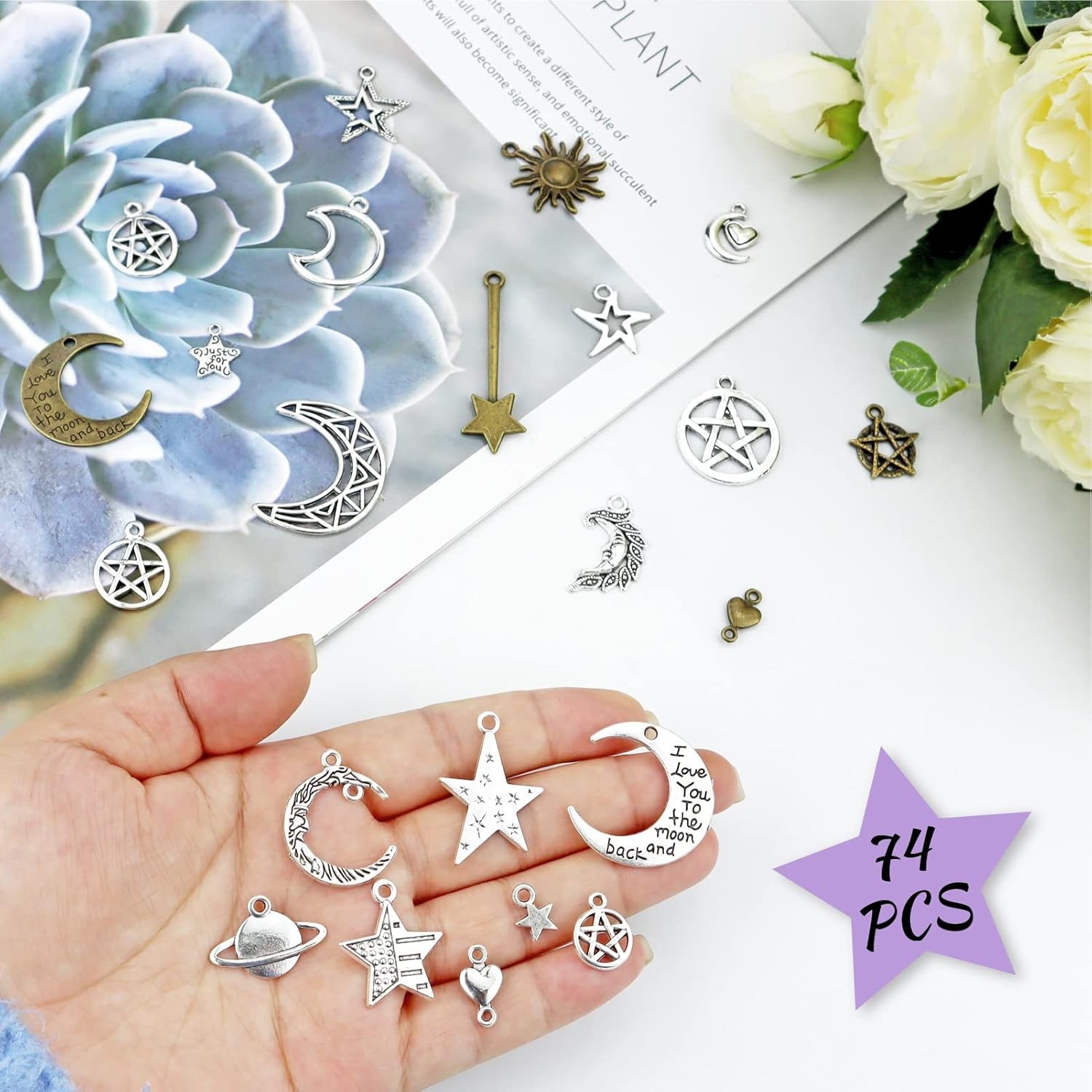 Celestial Mixed Sun Moon Star Charms, Wholesale Bulk Lots Antique Alloy Charms P