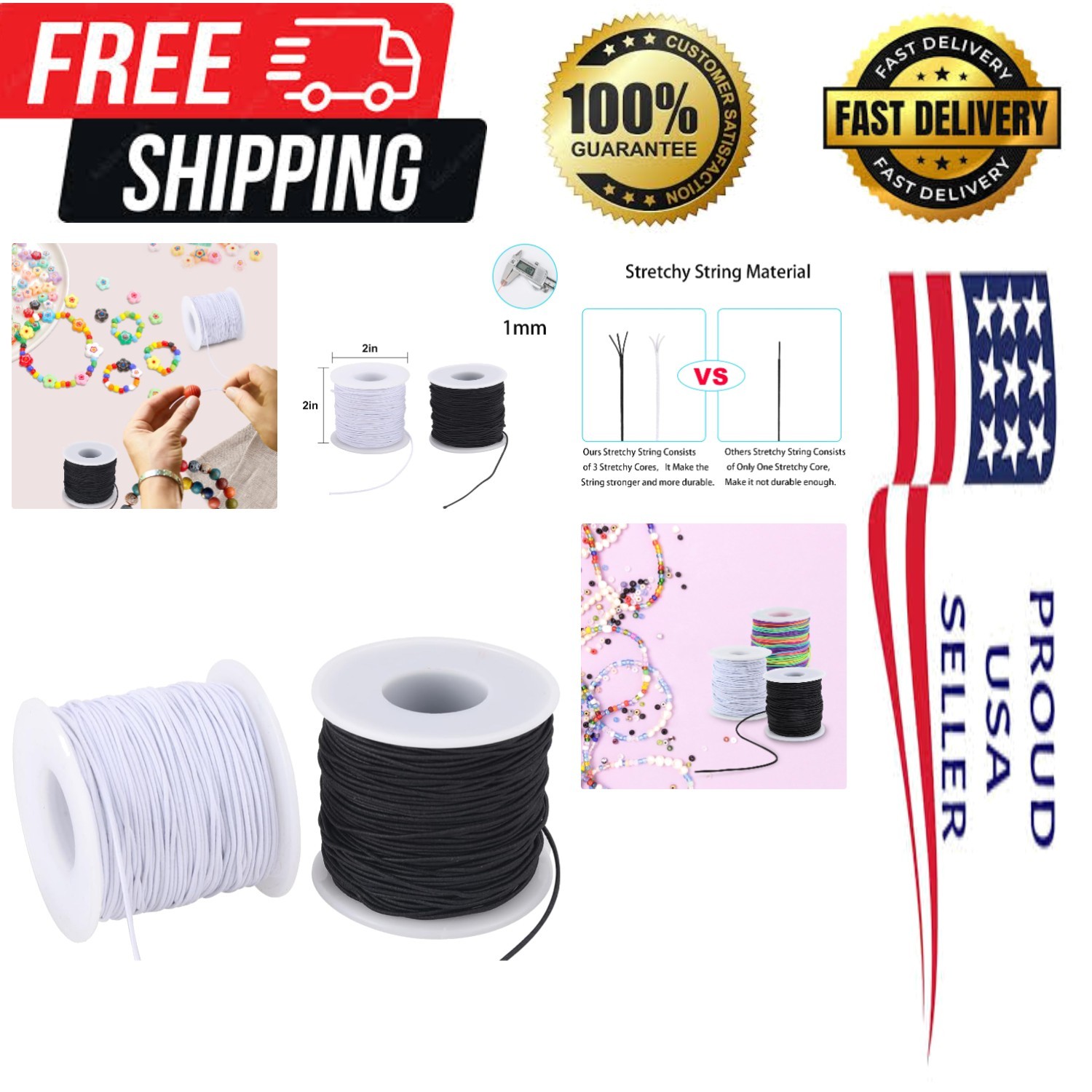 Stretchy String for Bracelets, 2 Rolls (1.0mm) 330 Feet Sturdy Elastic String C