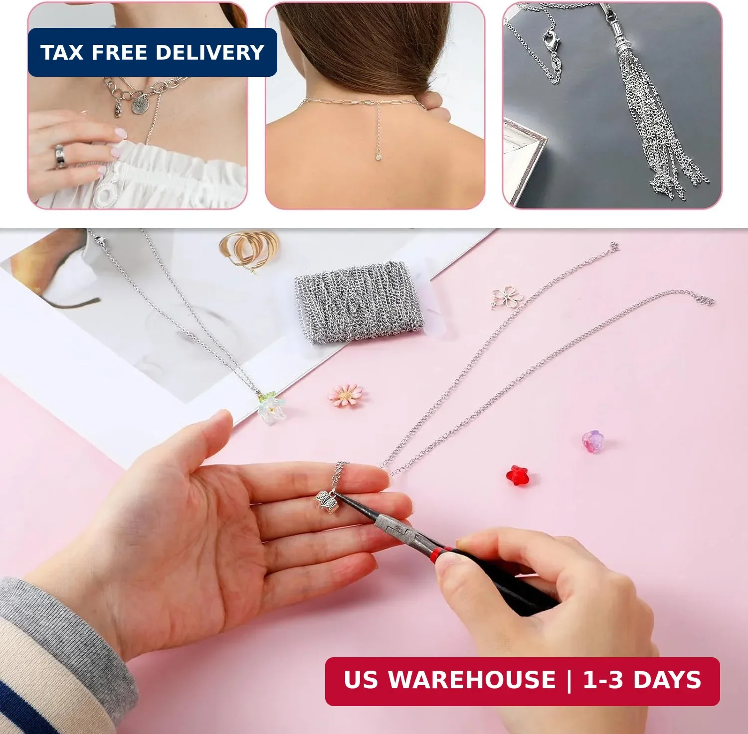 Silver Chain for Jewelry Making 2mm 33 Ft Chain Roll Curb Stainless Steel Neckla