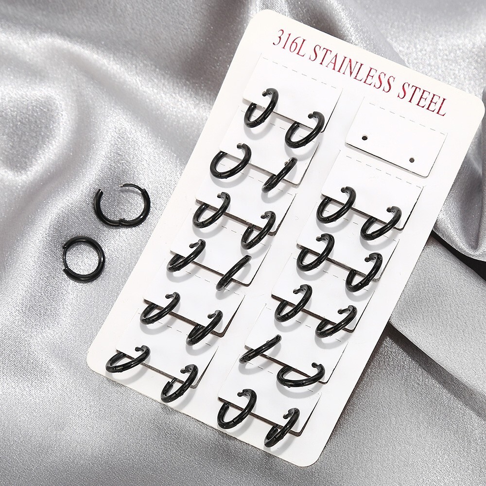12pairs/set Stainless Steel Black color Round Earrings Charms Closed Ear Buckle