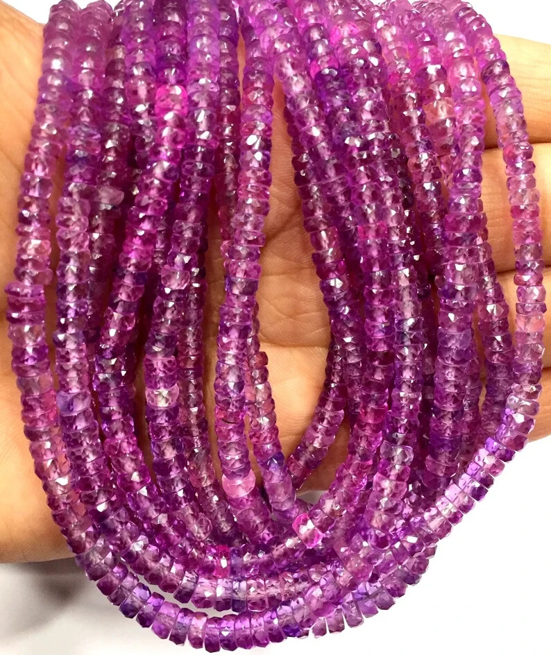 AAAA+Rare Pink Sapphire Faceted Rondelle Beads 4-5.MM Sparkling Gemstone Beads.