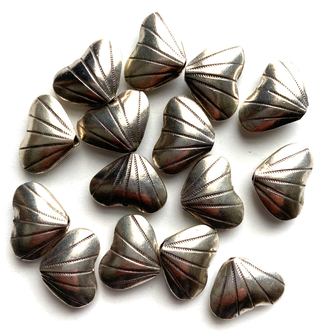 3 Hill Tribes Thai Silver Lined Heart Beads 15x20mm 3.3g Handcrafted in Thailand