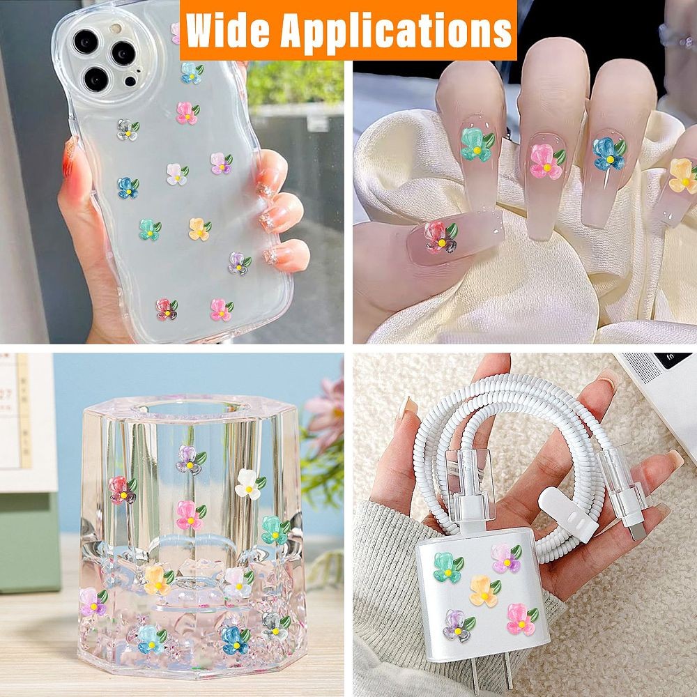 100pcs Transparent Resin Flower Cabochons with Glitter Powder for Crafts Phone