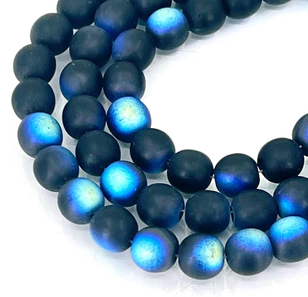 50 Czech Frosted Sea Glass Round Beads – AB Matte Black Jet – moonstone 6mm