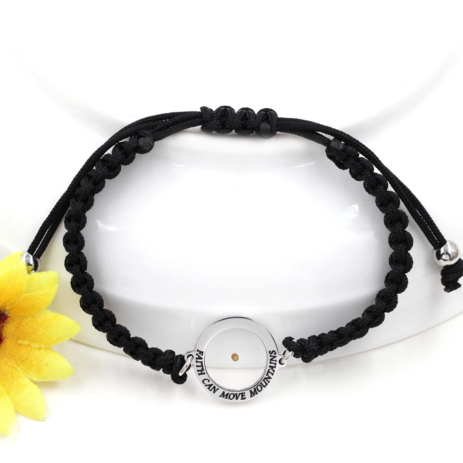 Handmade Black Braided Rope Bracelet with Round Mustard Seed, Engraved Faith Can