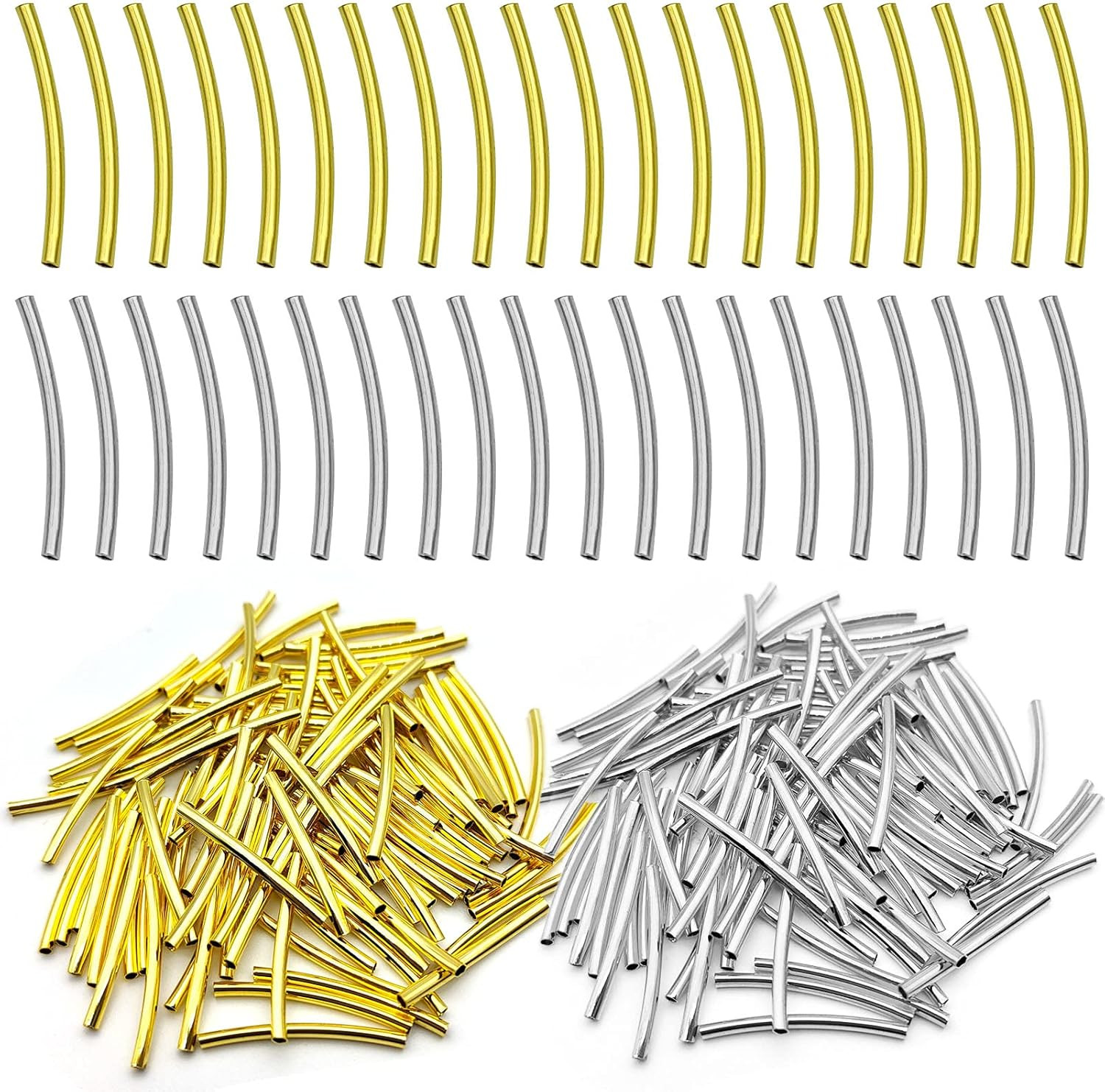 200Pcs Curved Noodle Tube Spacer Beads Tarnish Resistant Noodles Beads Brass Tub