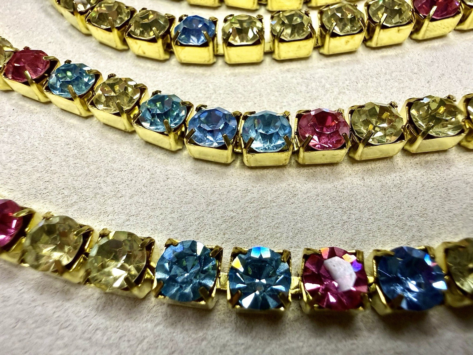 Vintage Swarovski SS34 Rhinestone Chain 60” Multi Color Crystal Brass Linked