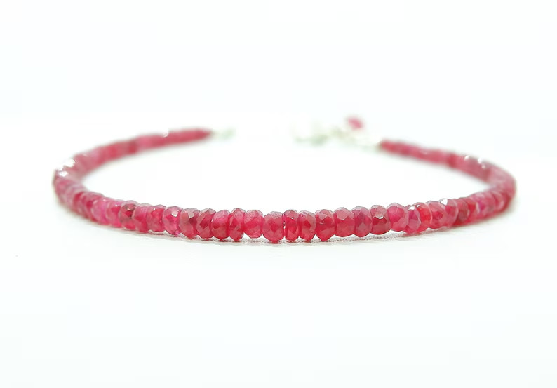 Natural Ruby Faceted Rondelle 3mm Beads Bracelet, 925 Sterling Silver, 6 inches.