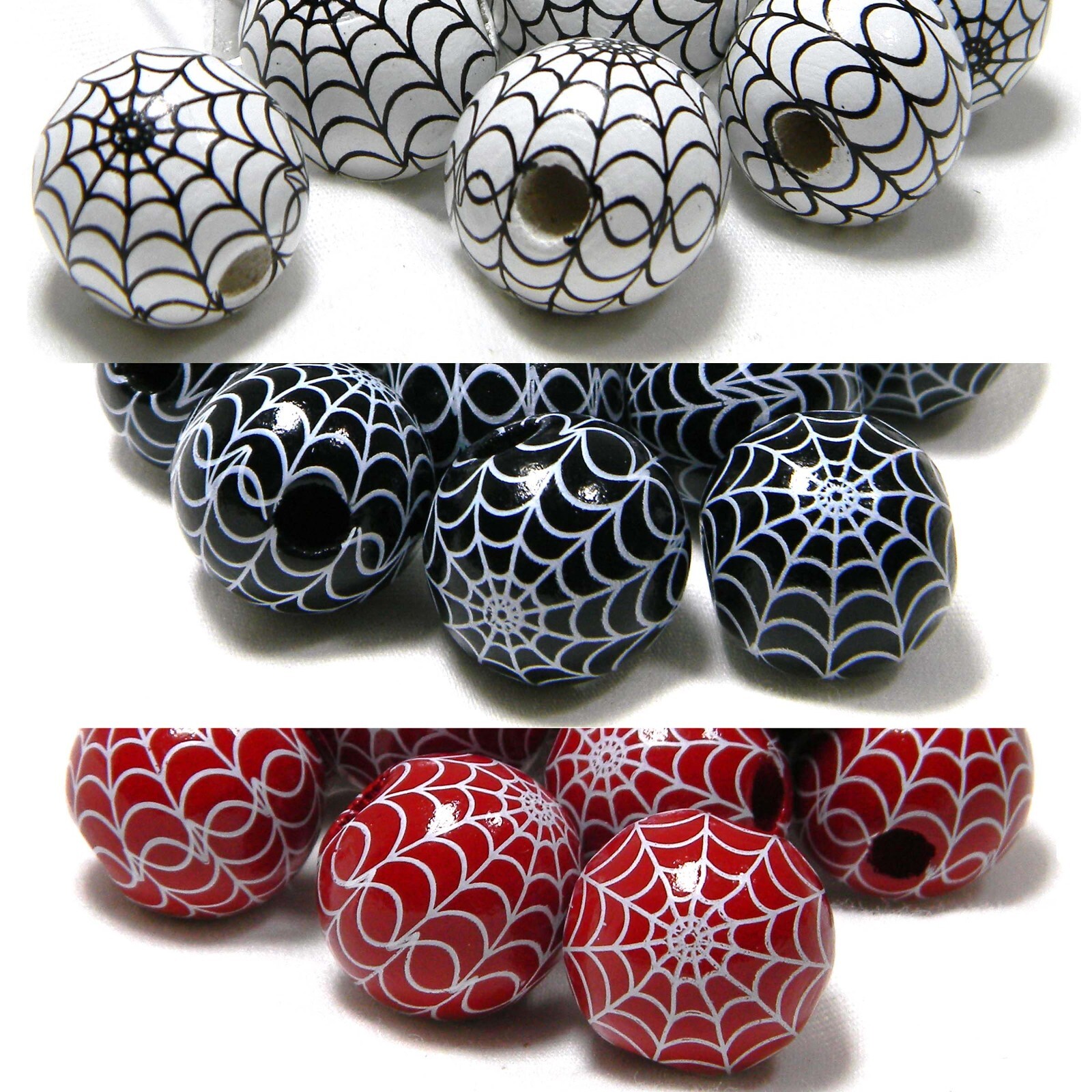 20 Big 16mm Round Spiderweb Wood Beads w/ 4mm Hole & Spider Webs on Wooden Beads