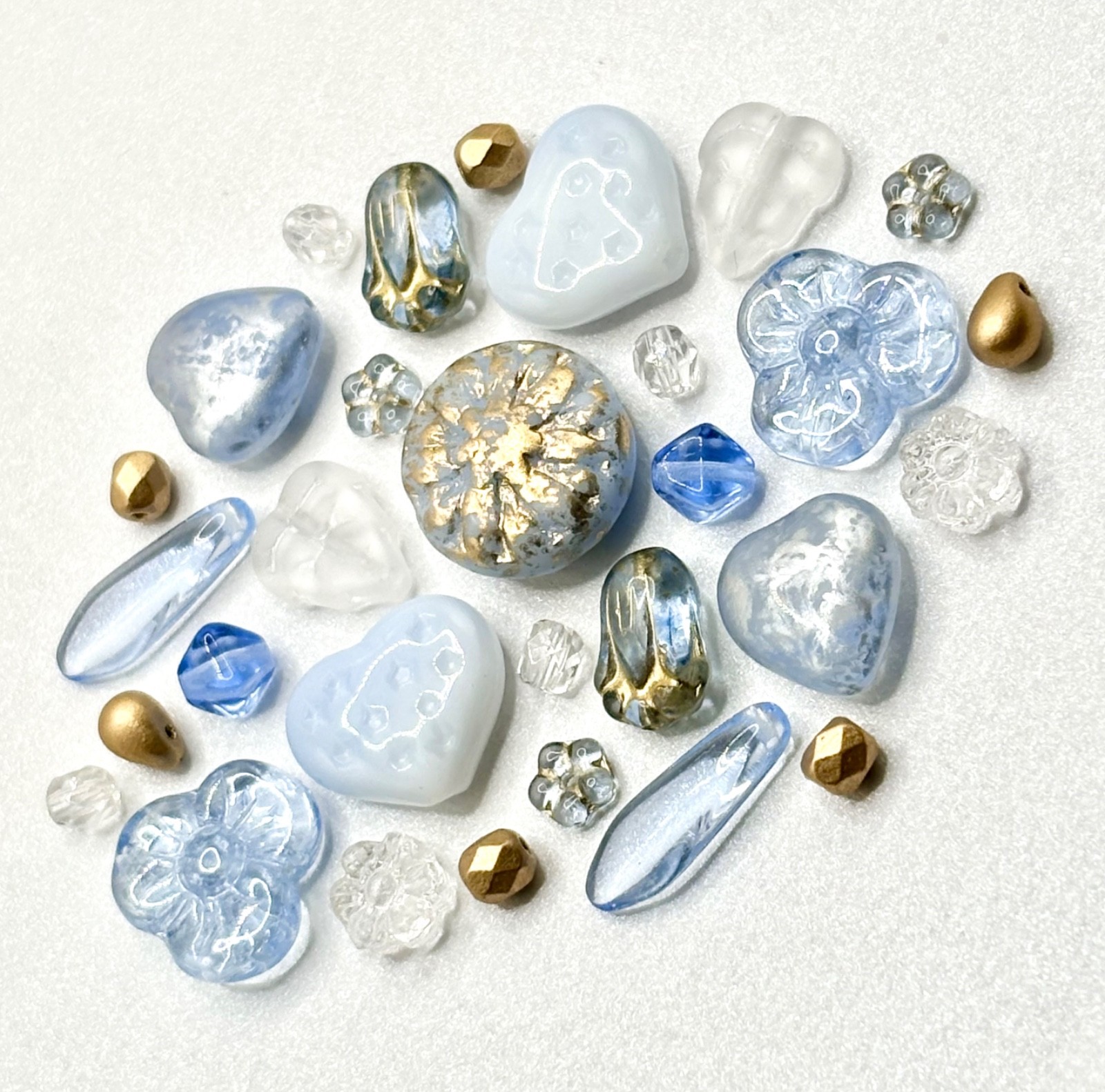 30 Czech Beads – ALL CZECH GLASS BEAD MIX Powder Blue/Gold Mixed Czech Glass Lot