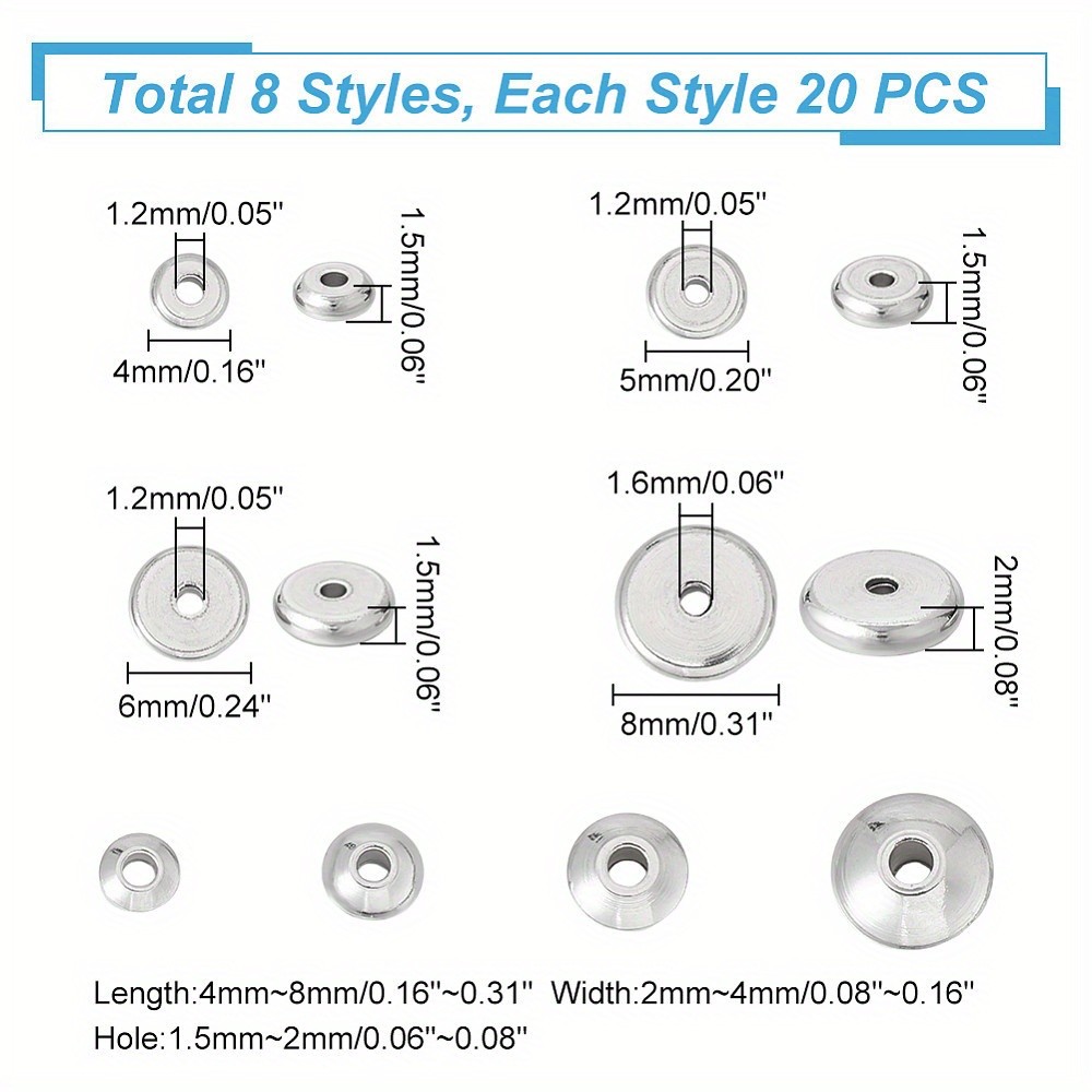 1box 160pcs 8 style 201 & 304 Stainless Steel Spacer Beads Flat Round