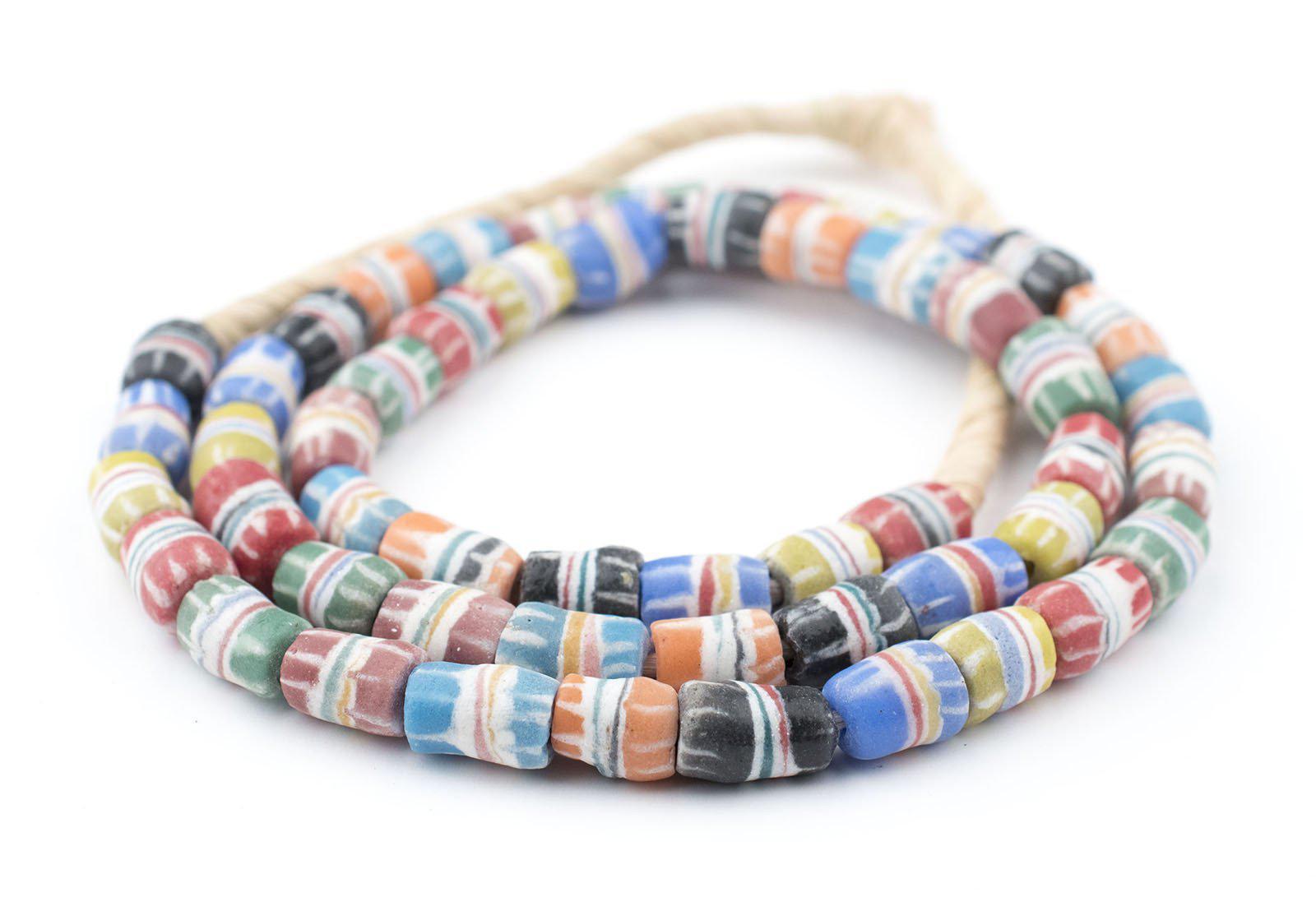 Multicolor Strawstack Sandcast Beads 8mm Ghana African Cylinder Glass Large Hole