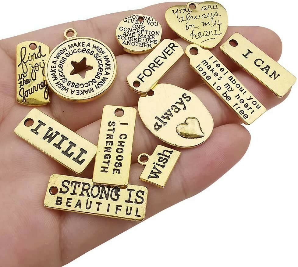 10 Quote Pendants Word Charms Antiqued Gold Mixed Lot Assorted Inspirational