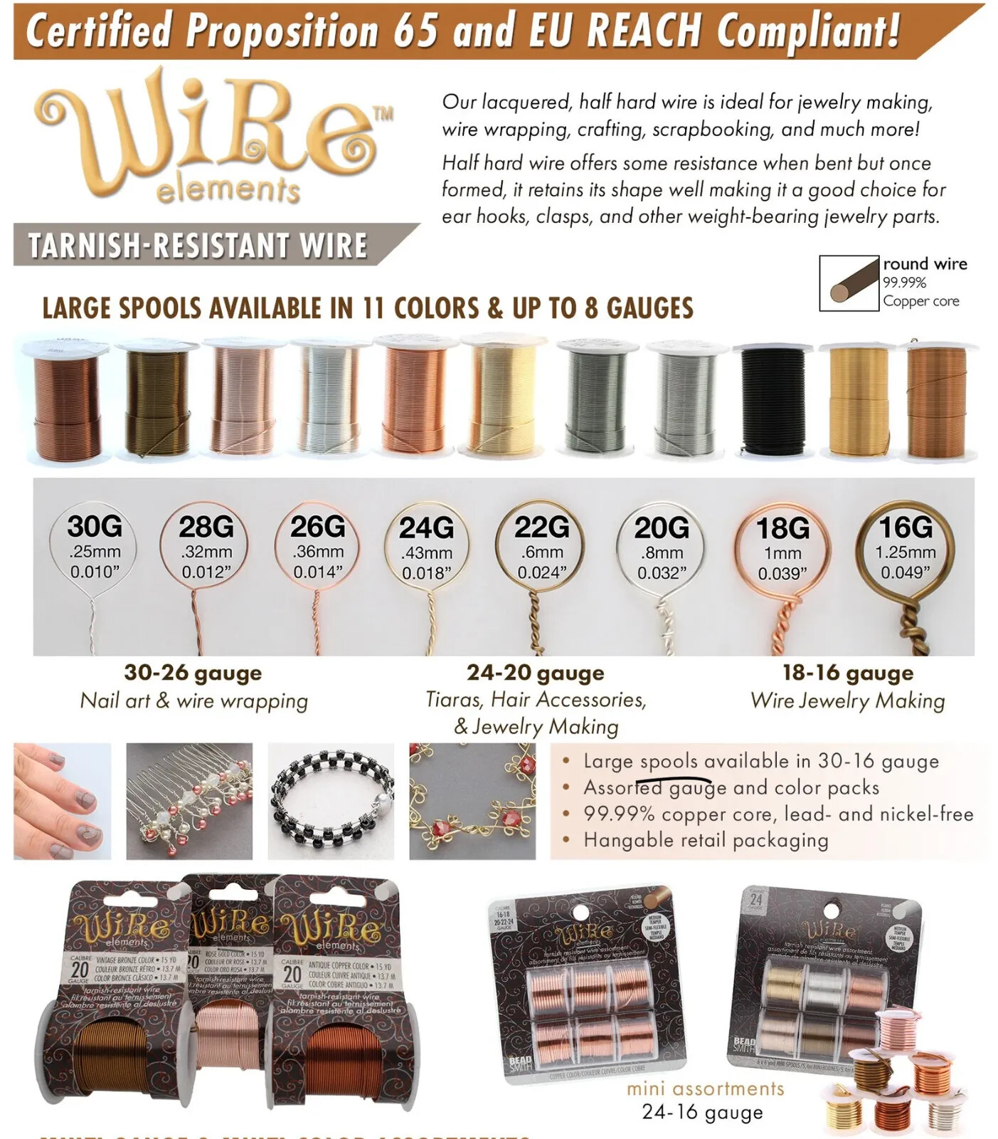 Gold BeadSmith Lacquered Tarnish Resistant Craft Wire Elements (8+ Gauges)