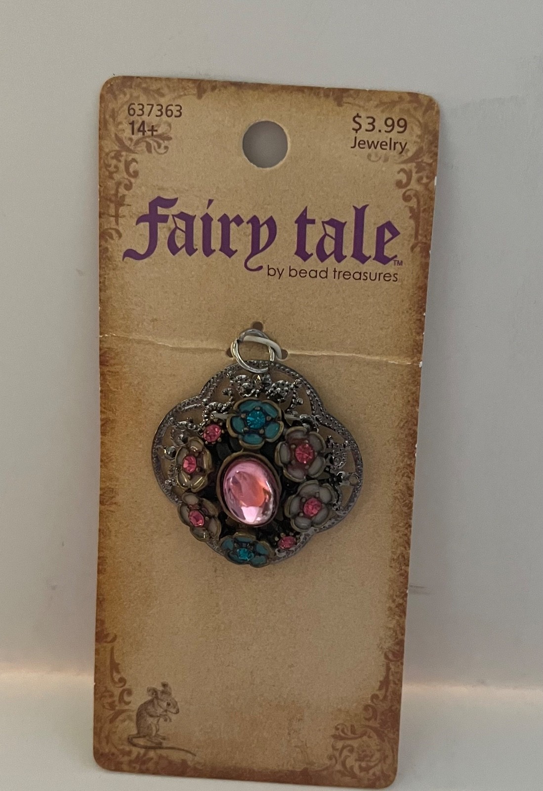 Fairy Tale by Bead Treasures Pendant about 1 1/4″ wide Blue and Pink Flowers