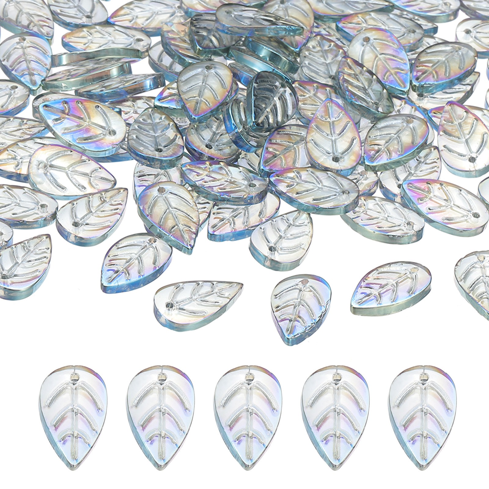 100Pcs Crystal Leaf Beads Translucent Czech Glass Beads, Transparent Green