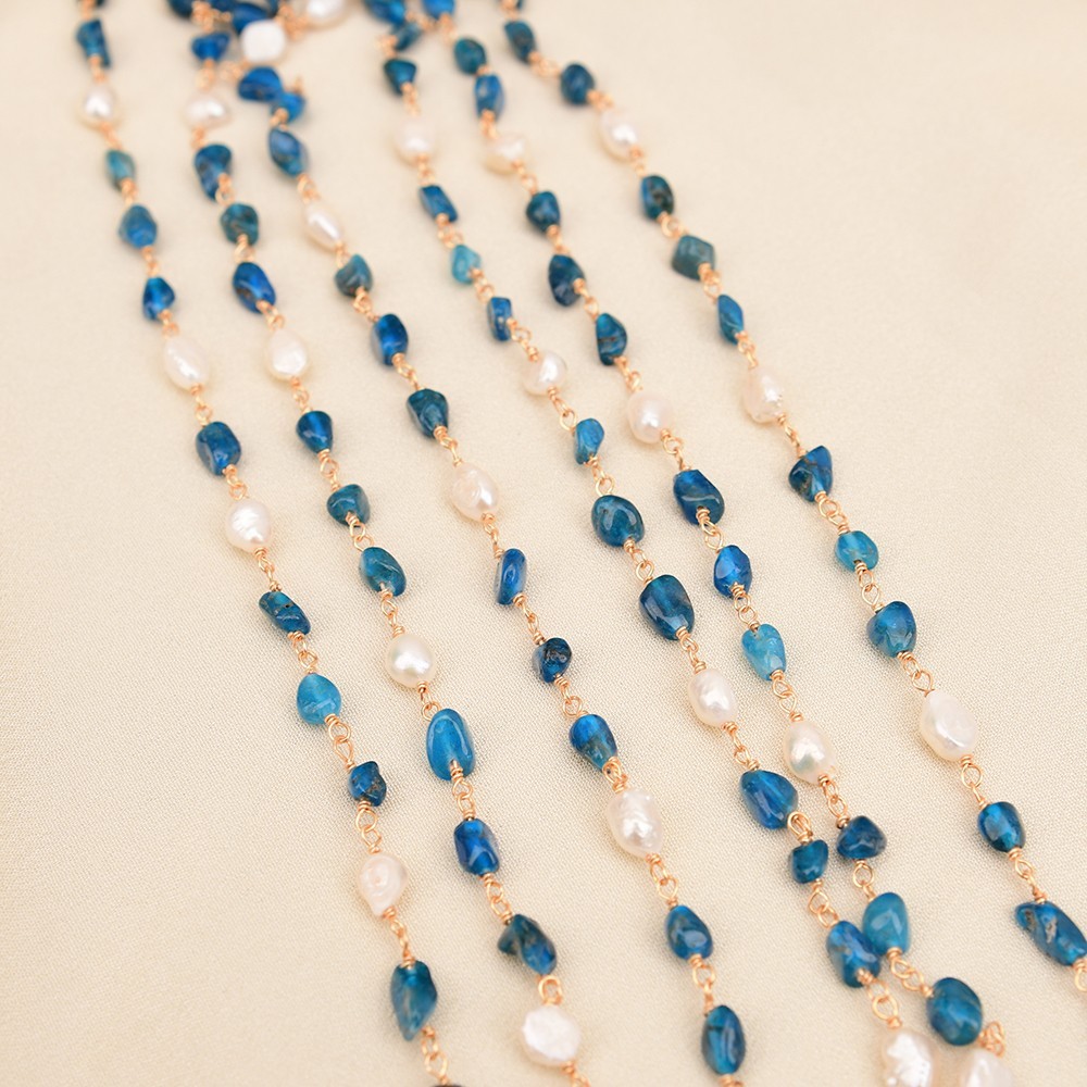1 Meter Cultured White Keshi Pearl Blue Apatite Stone Chain DIY Jewelry making