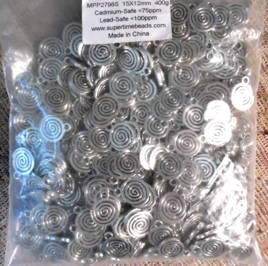 300+ silver SWIRLS or COIL charms, 13 mm, nice for hanging on a chain or fob,NEW