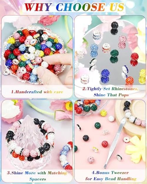 180PCS 10mm Rhinestone Beads for Jewelry Making | Baseball Red, Yellow, Blue