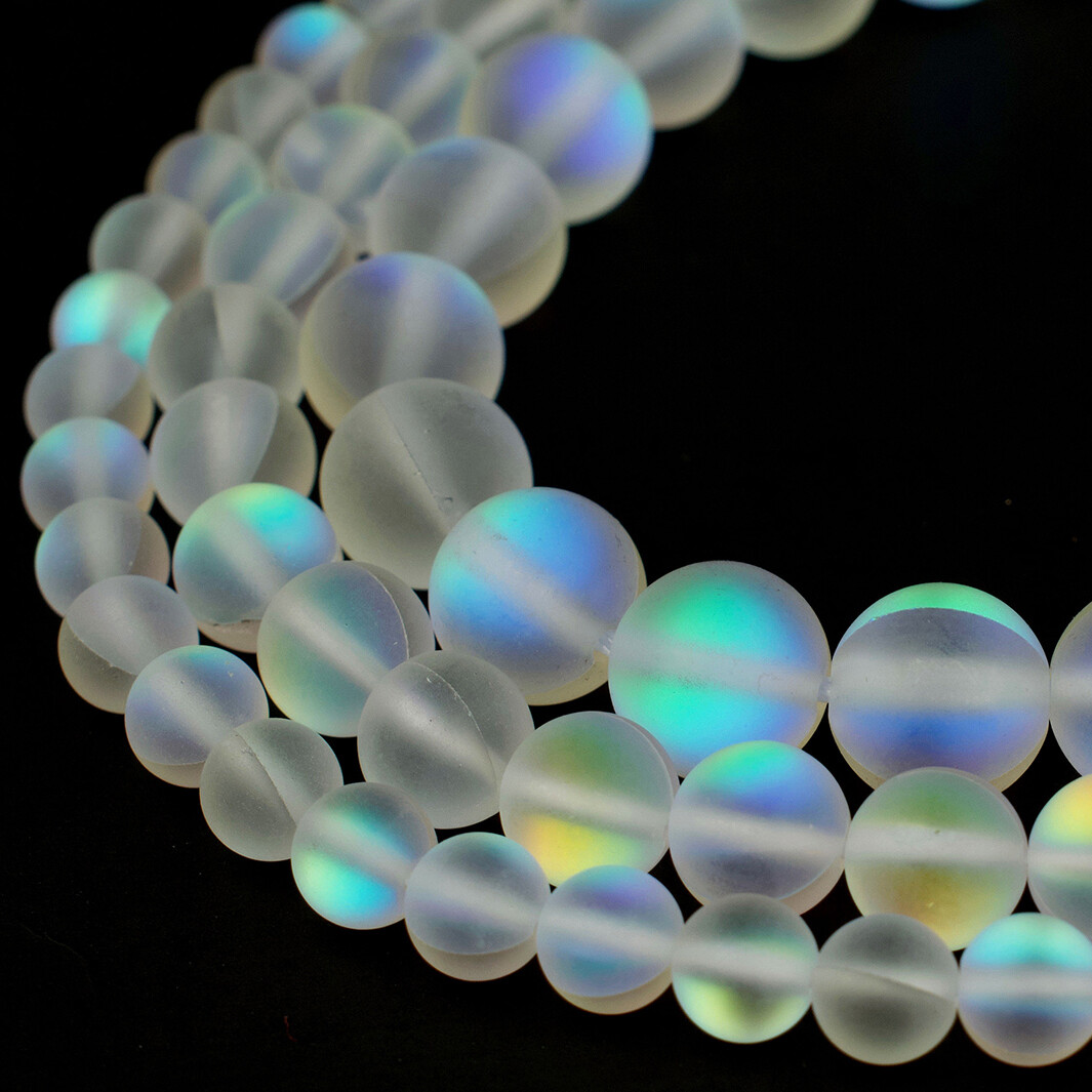 Matte Mystic Aura Round Beads 15″ Strand Frosted Mermaid Glass Jewelry Making
