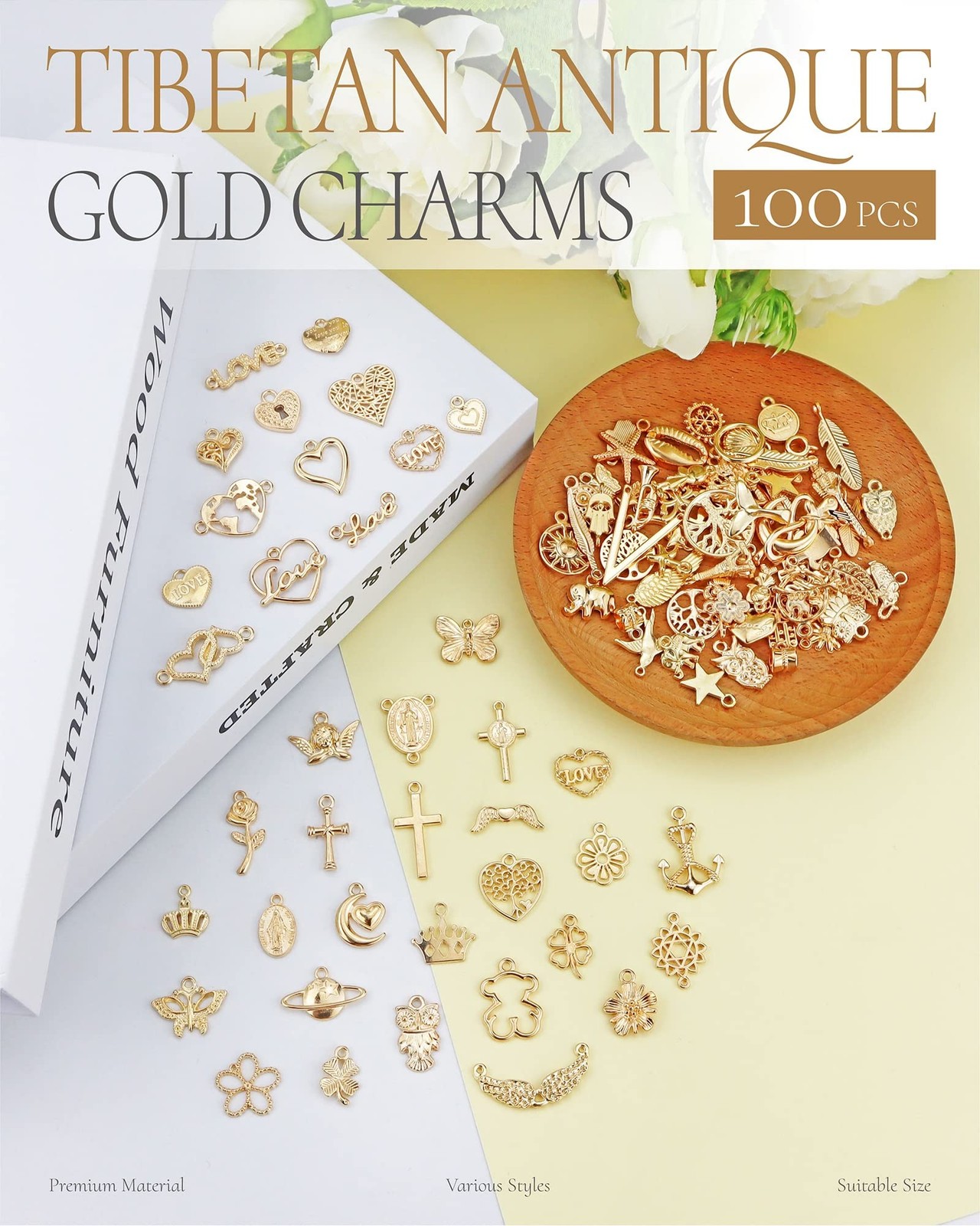 100 Pcs Wholesale Bulk Lots Jewelry Making Charms, Mixed Golden KC Gold Alloy Ch