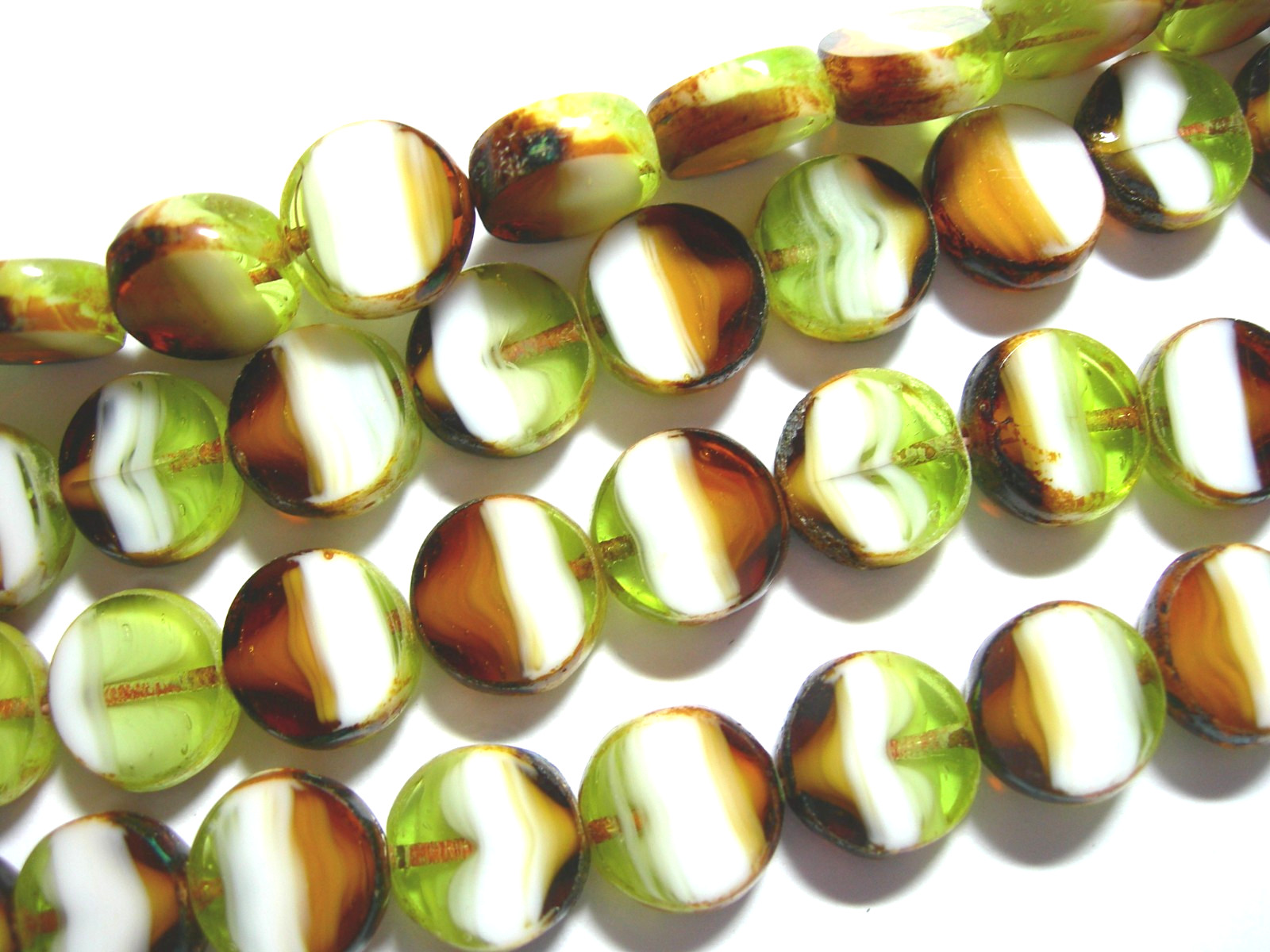 19 11mm Green, Brown, White Square Window cut Czech Beads