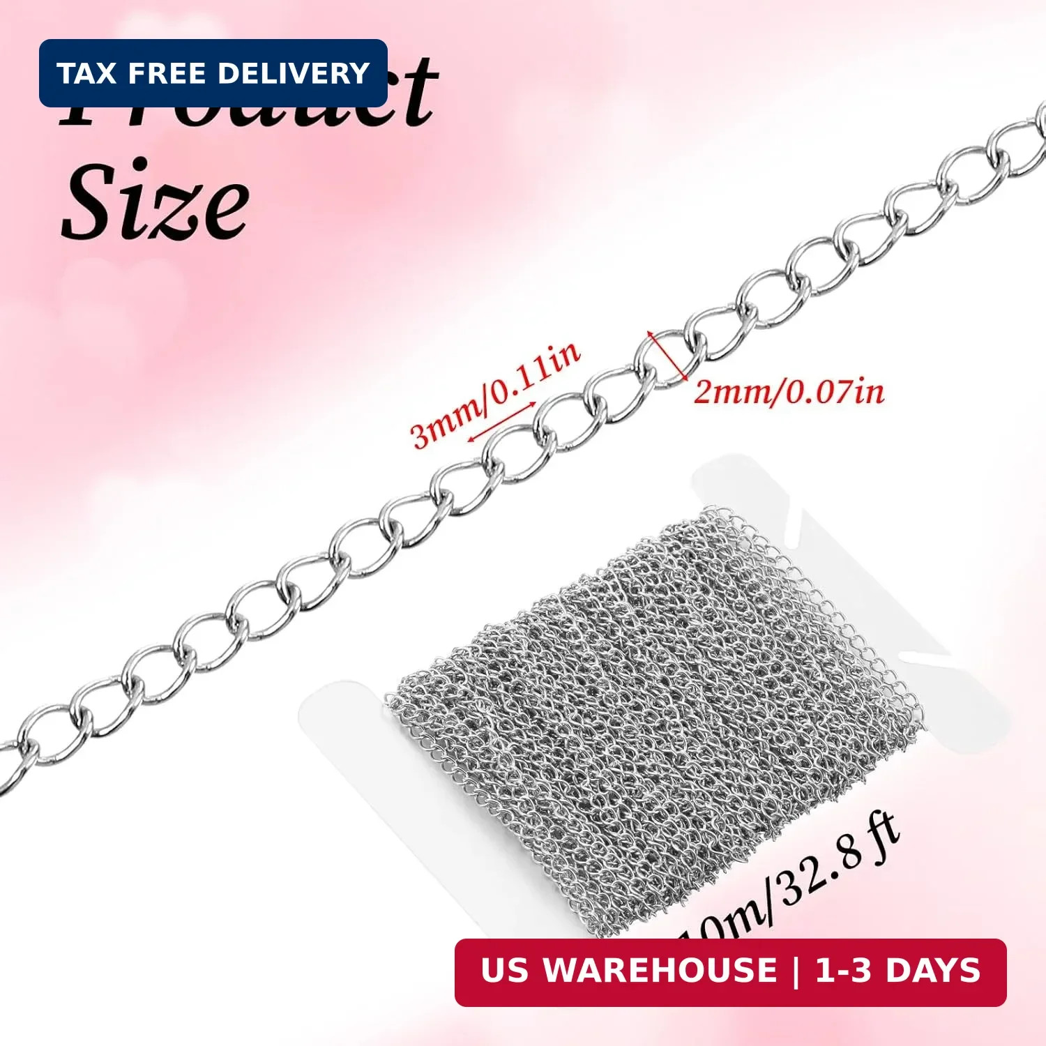 Silver Chain for Jewelry Making 2mm 33 Ft Chain Roll Curb Stainless Steel Neckla