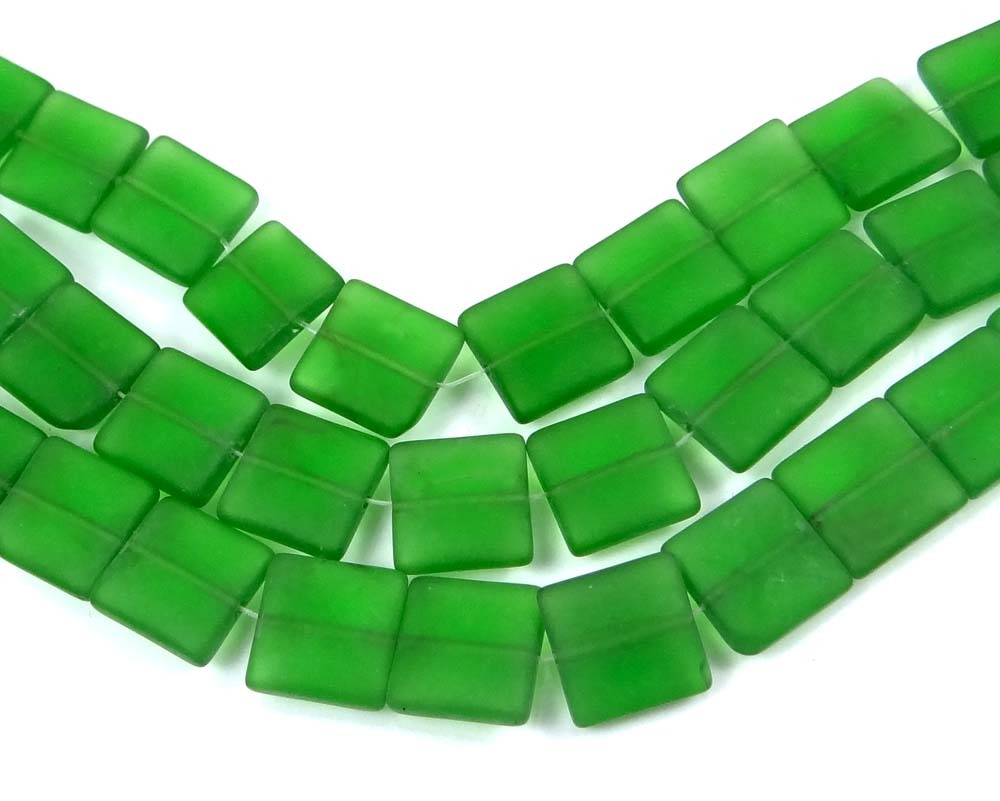 12mm Frosted Sea Glass Square Beads (13) Matte – Emerald Green