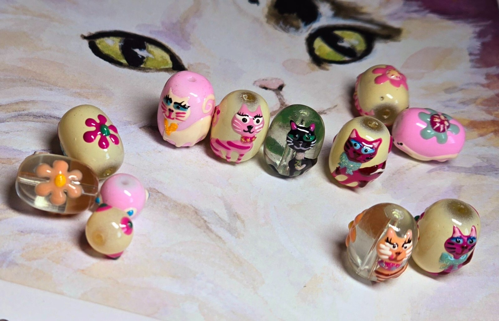 Glass Cat Beads Hand painted Cat Flower Pink Clear mix size 20 pcs DIY Jewelry