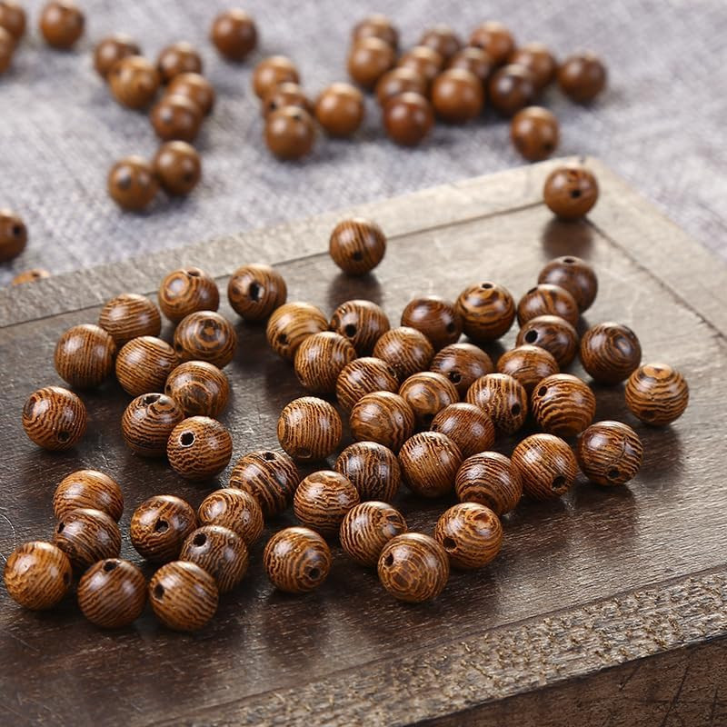 150PCS 12mm Dark Brown Wooden Beads Undyed Natural Stripe Round Wood Beads Bulk