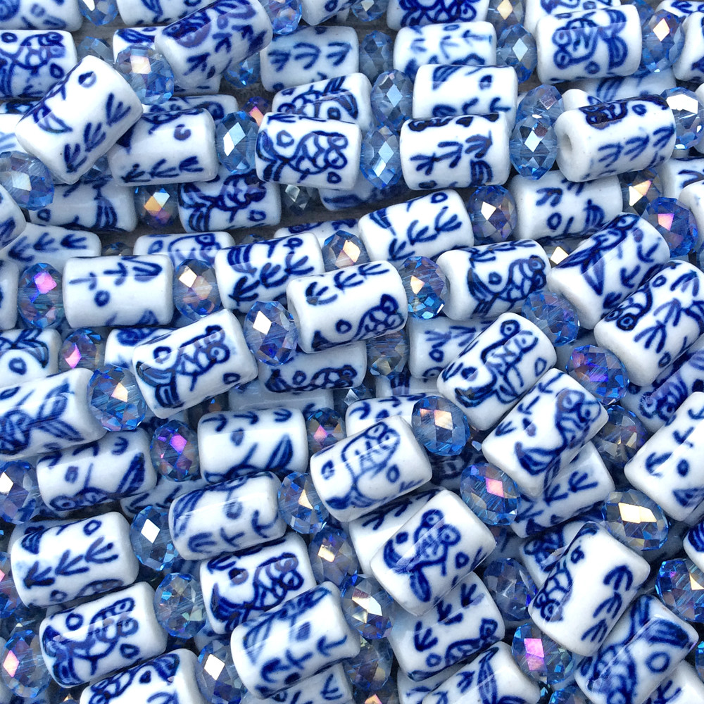 Blue White China Fish Motif 13x9mm Tube Cylinder Ceramic Beads Q2 Strands