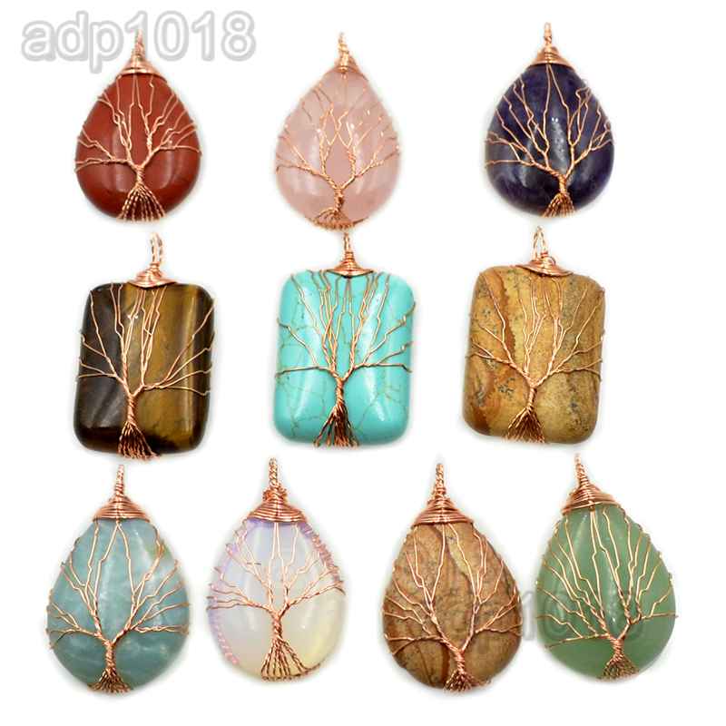 Rose Gold Wire Wrap Natural Gemstones Tree Of Life Chakra Pendant Jewelry