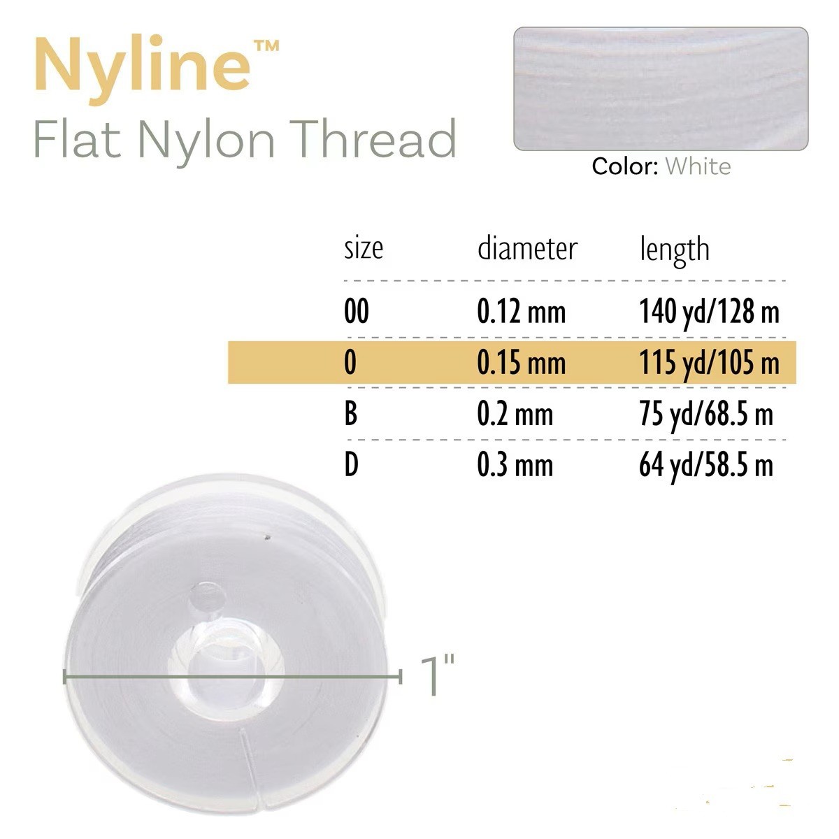 Beading Thread Nyline Flat Bonded Nylon Size 0 (0.15 mm 115 yd) White 1 bobbin