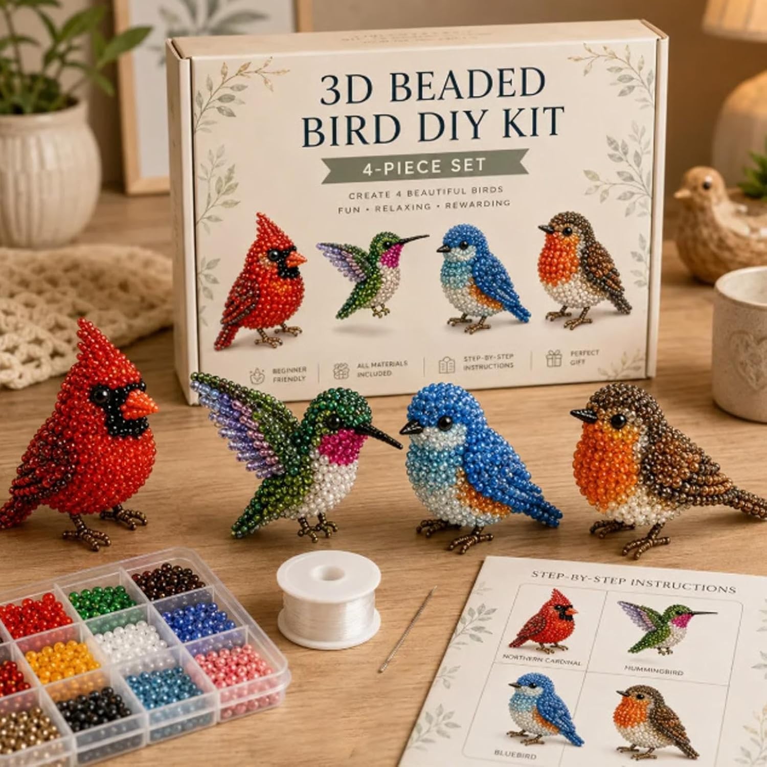 3D Beaded Animal/Bird DIY Kit, Handmade Beadwork Art Craft Set with Instructions