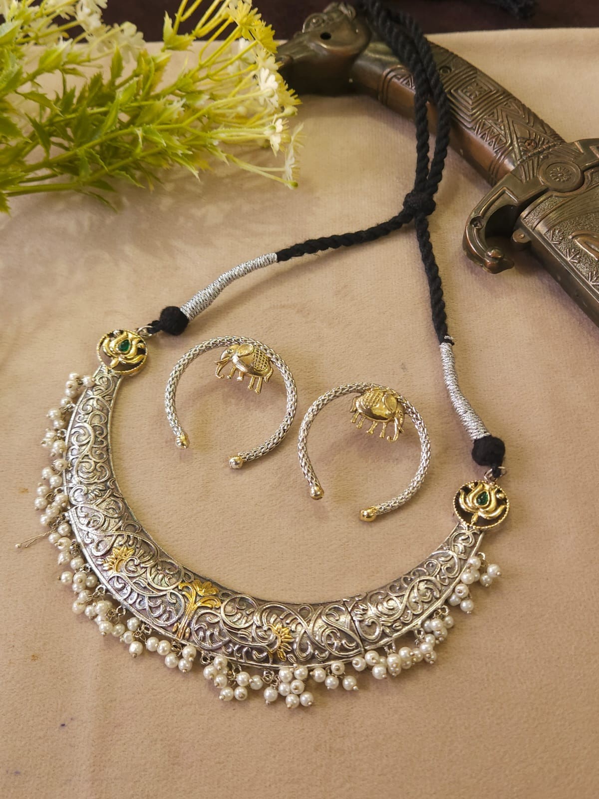 Oxidized Silver Dual Tone Necklace Hanging Pearl Beads Fusion Necklace