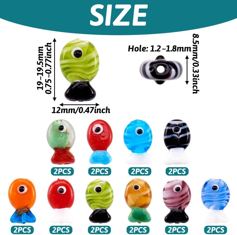 20 Pcs Fish Glass Beads Cute Animal Lampwork Glass Loose Bead for DIY Crafts Nec