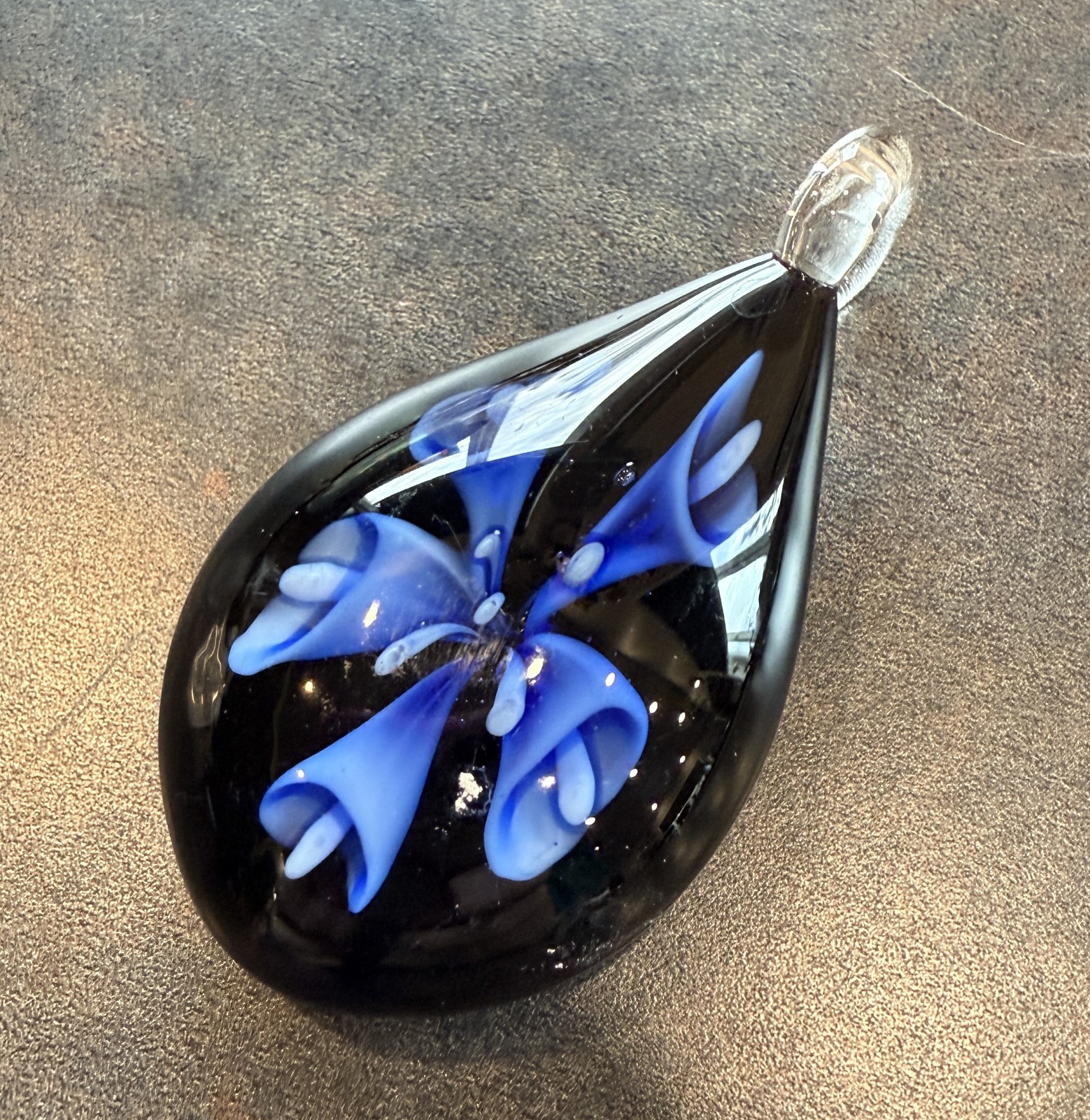 Hand Made Artisan Glass Pendant Flower Blue & Black for Crafting Jewelry