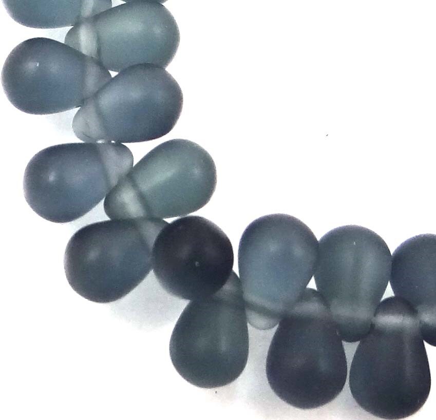 50 Czech Frosted Sea Glass Teardrop Beads 6x4mm – Matte – Montana Blue