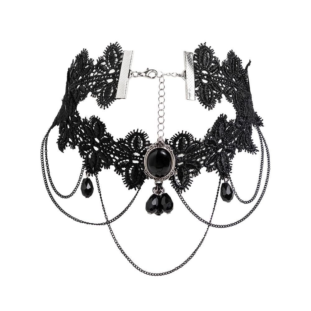 Black Halloween Tassels Choker Necklace Boho Fashion Prom Shinny Crystal Punk Bl