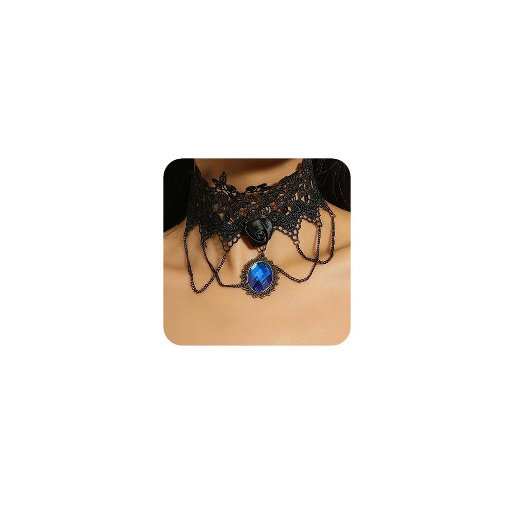 Boho Fashion Black Halloween Choker Necklace Prom Shinny Tassels Necklace Blue C