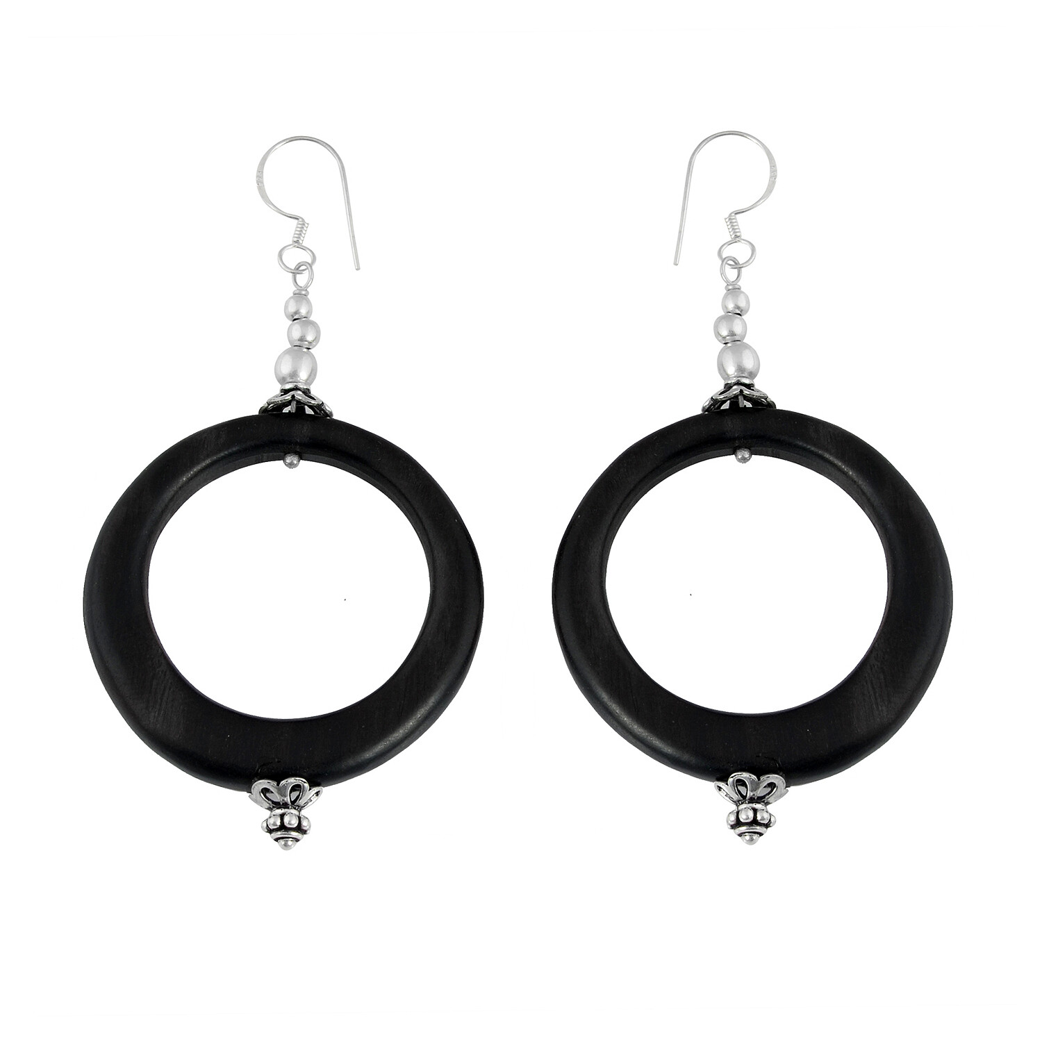 Hand Made Artisan Crafted Sterling Silver Ebony Wood Hoop Jewelry Earrings