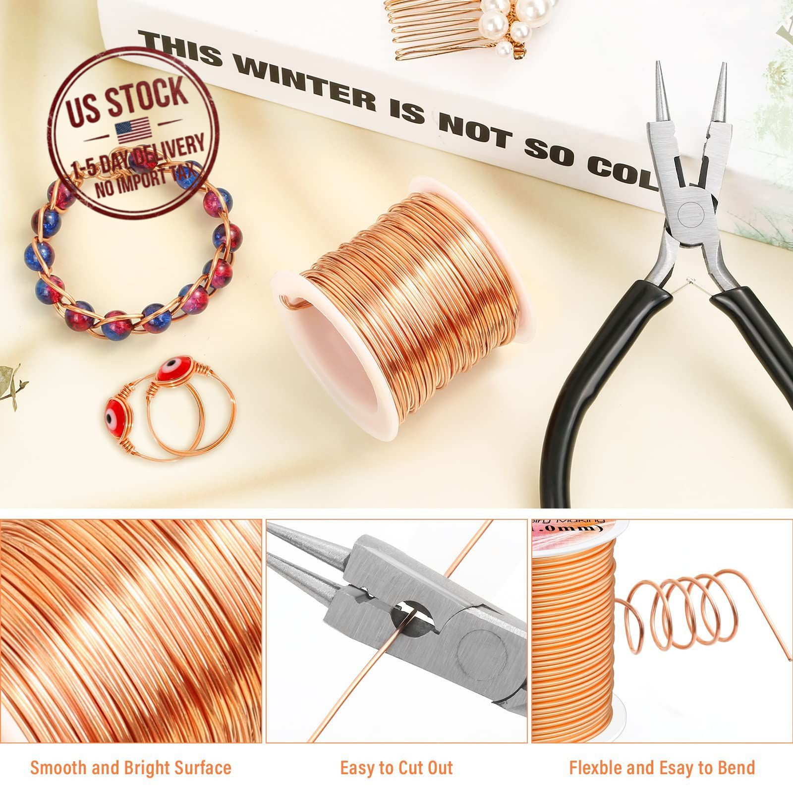 18 Gauge Bare Copper Wire 65Ft 1mm for Jewelry Making with 4 in 1 Plier Tool Kit