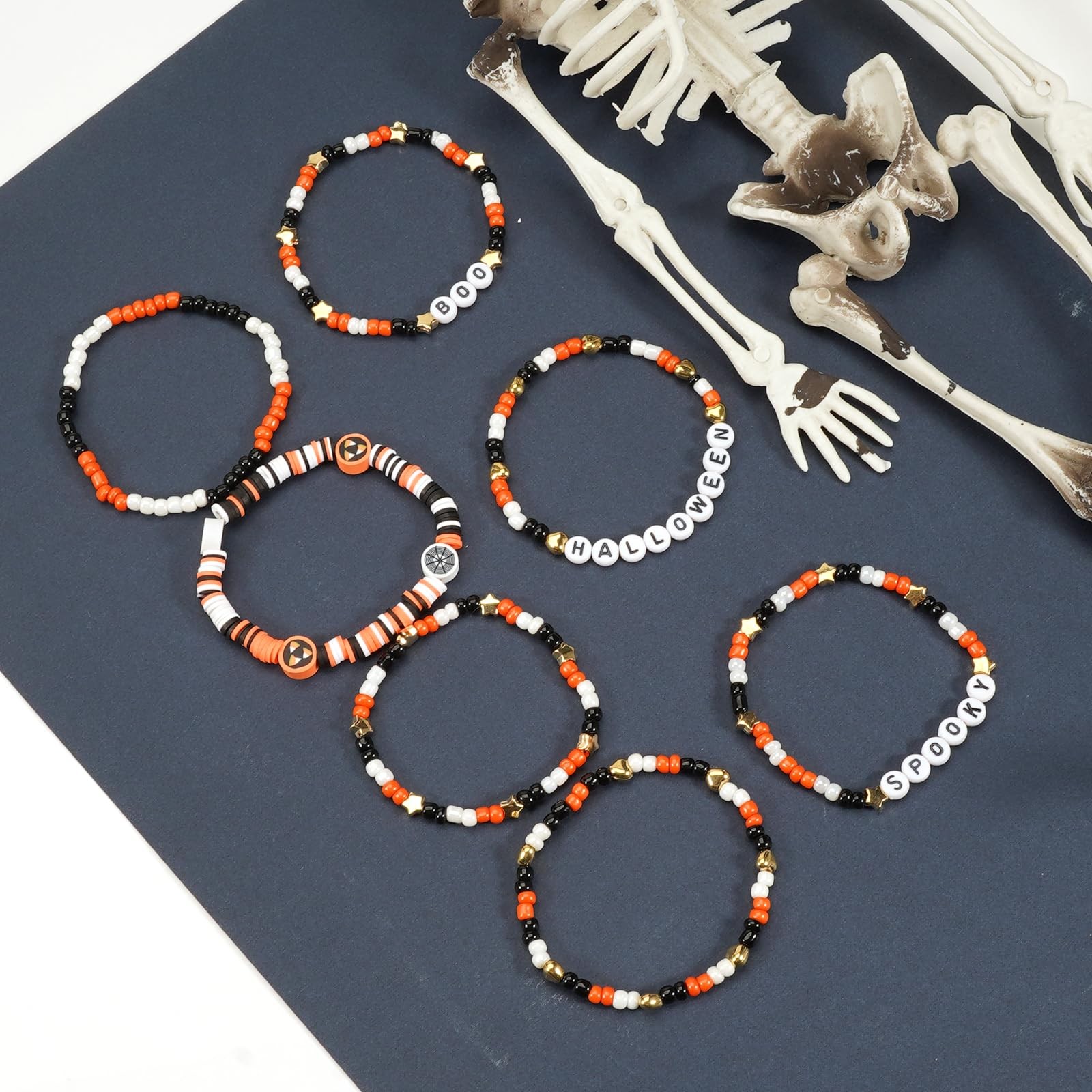 Halloween Heishi Bracelets for Women Boo Pumpkin Skull Spider Web Beaded Bracele