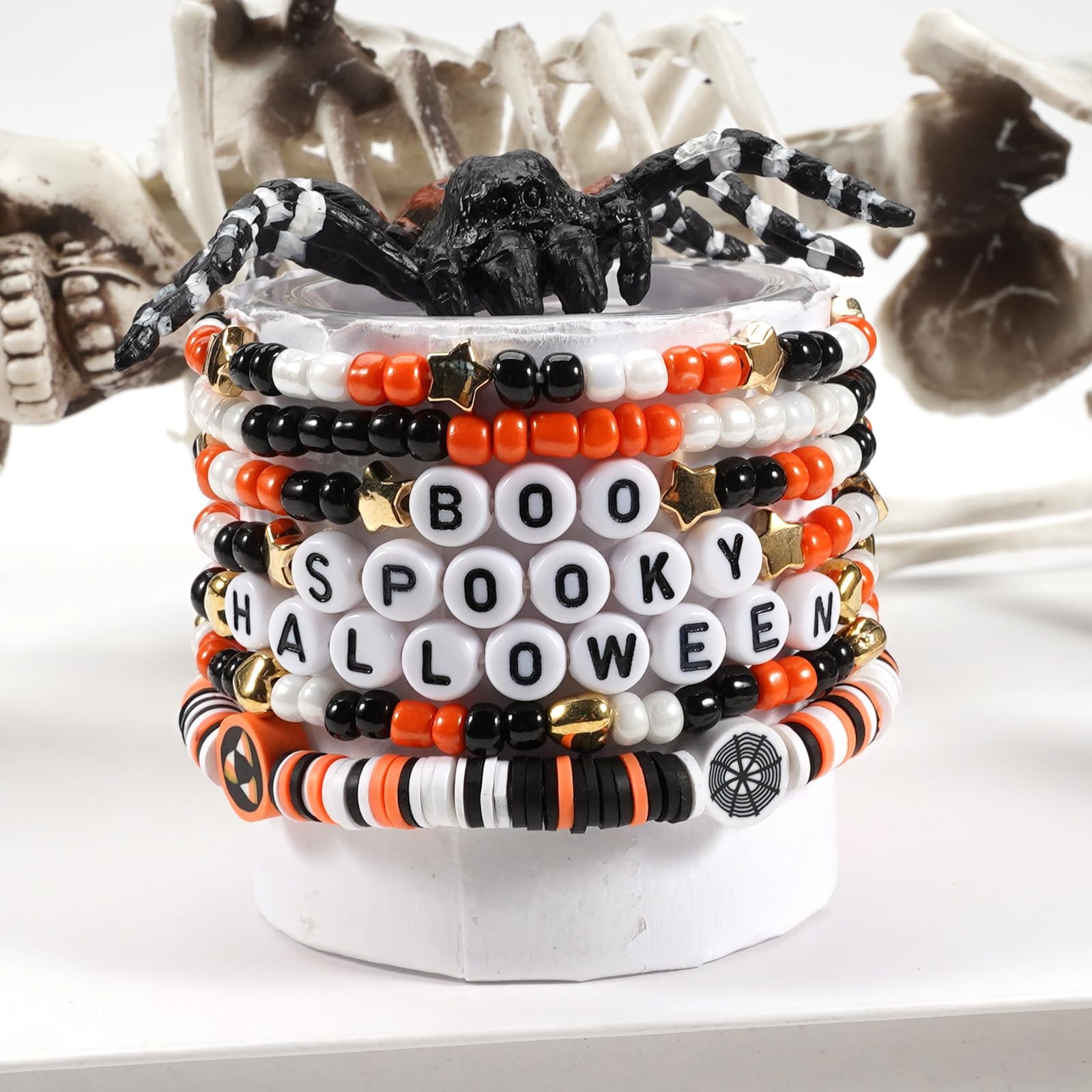 Halloween Heishi Bracelets for Women Boo Pumpkin Skull Spider Web Beaded Bracele