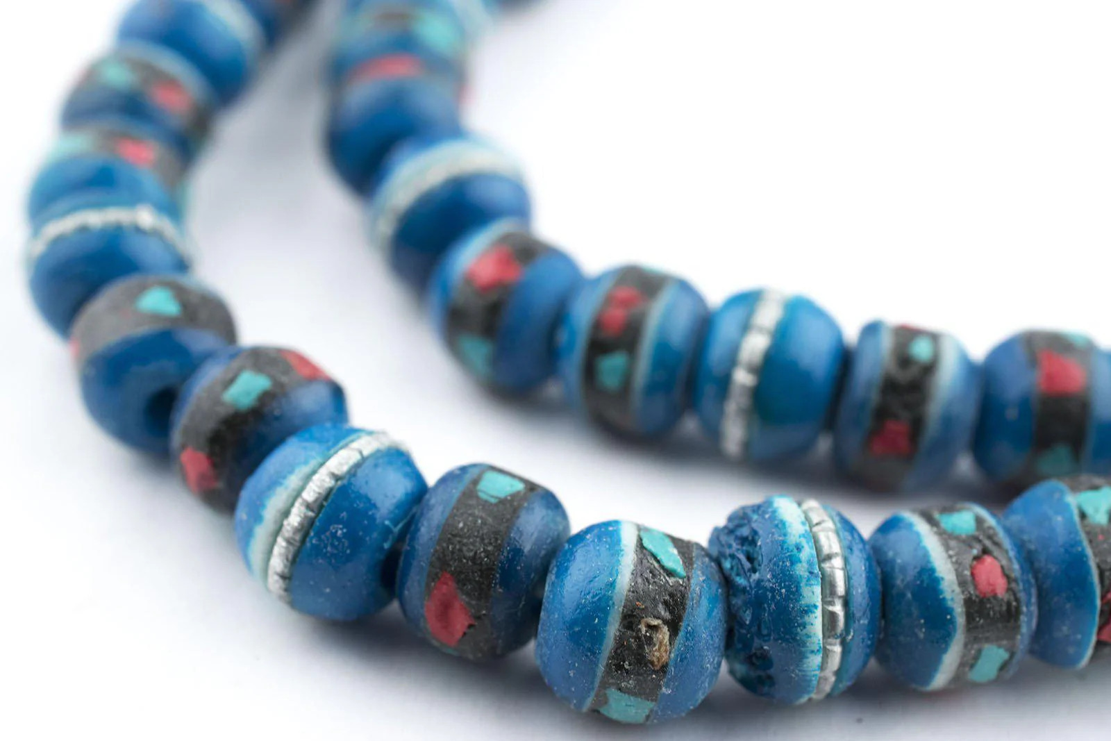 Turquoise Inlaid Bone Mala Beads 8mm Nepal Blue Round Large Hole 26 Inch Strand