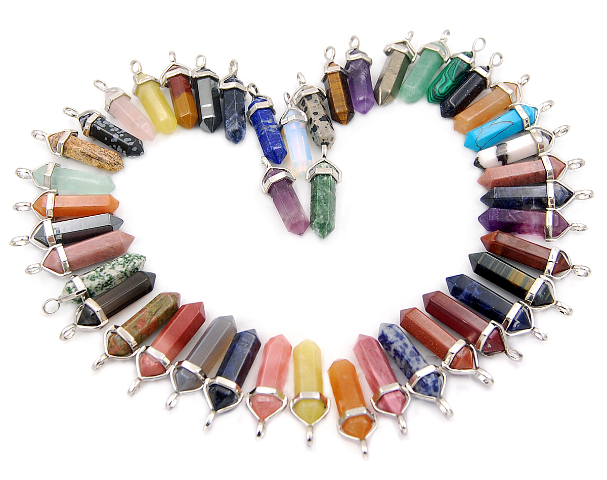 Natural Gemstones Hexagonal Pointed Reiki Chakra Pendant charm Beads 2pcs