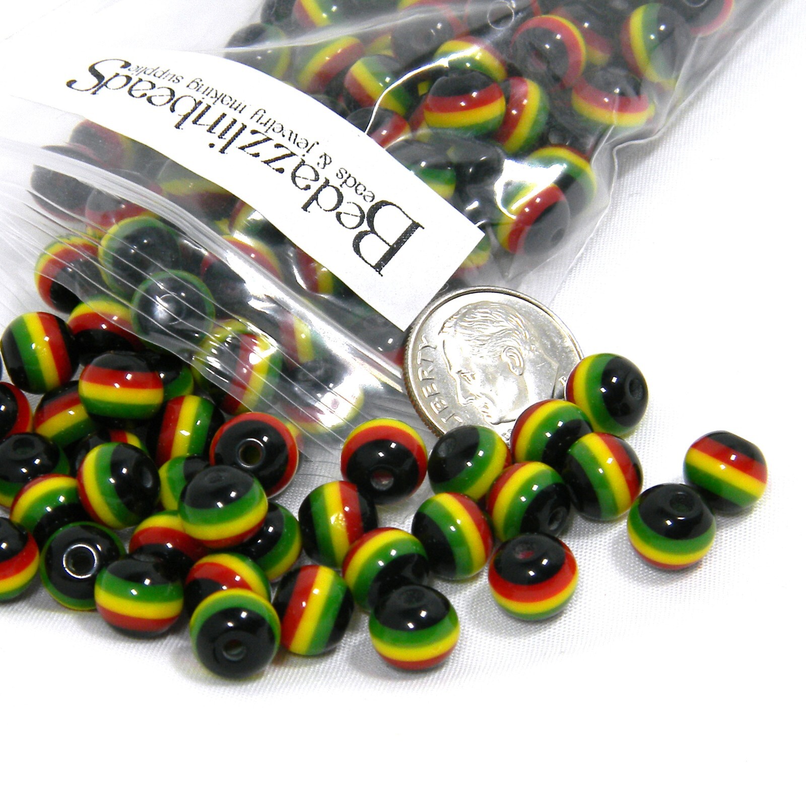 50 Green, Gold Yellow, Red 8mm Round Jamaica Rastafarian Flag Beads Reggae Style