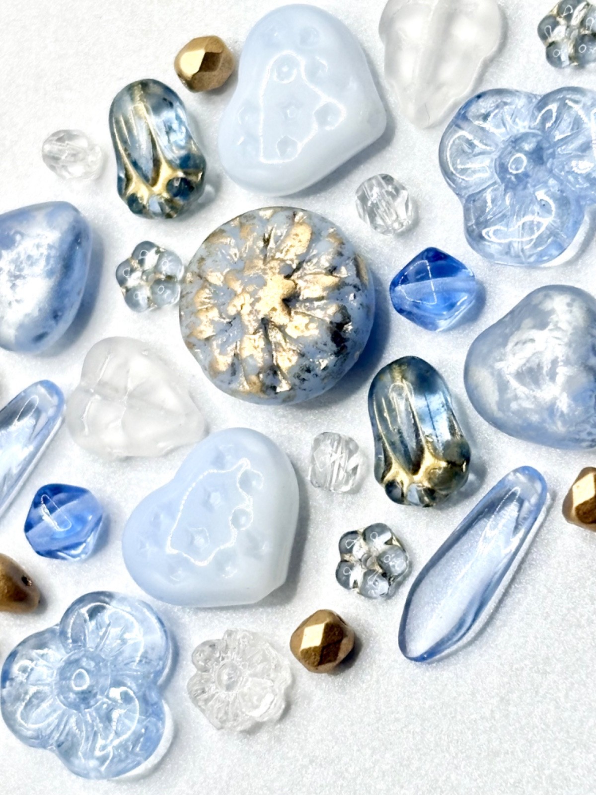 30 Czech Beads – ALL CZECH GLASS BEAD MIX Powder Blue/Gold Mixed Czech Glass Lot