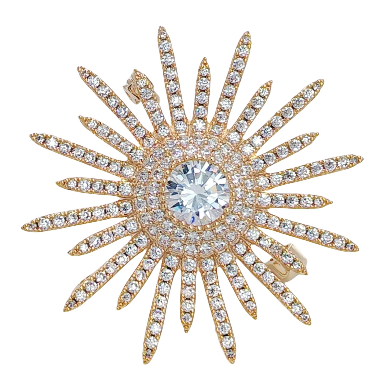 Shinny Gold Tone Micro Pave CZ Round Starburst Pin Brooches Collar Lapel Atomic