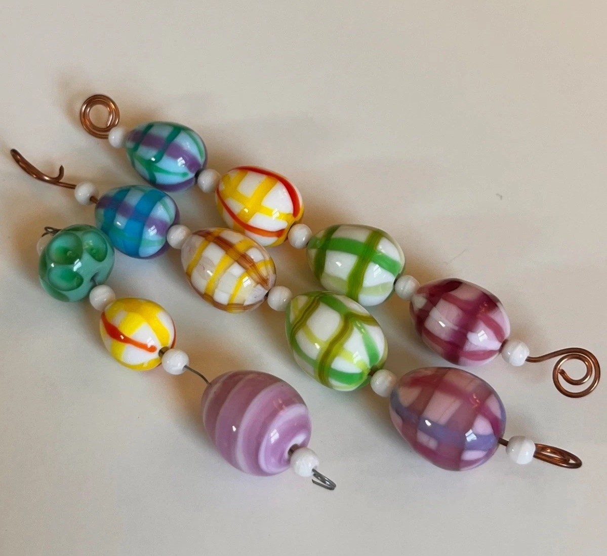 11-Count Handcrafted Lampwork Beads Easter Egg Plaid Colorful by Lezlie Belanger